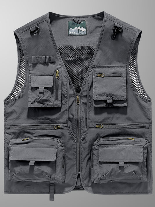 Men's Loose Fit V-Neck Quick-Drying Polyamide Vest Jacket – Multi-Pocket, Lightweight, and Breathable for Outdoor Activities, Fishing, and Photography – Ideal for Spring and Fall