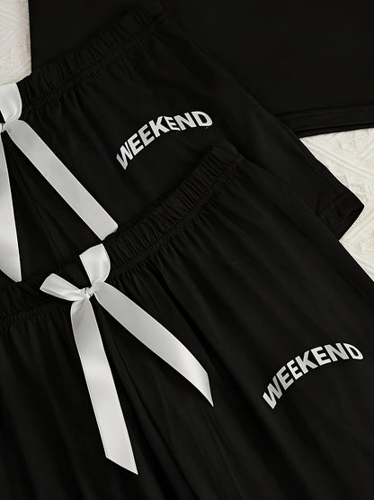 Women's 3-Piece Pajama Set – Simple Short Sleeve Sleepwear with 'WEEKEND' Print, Comfy Casual Loungewear