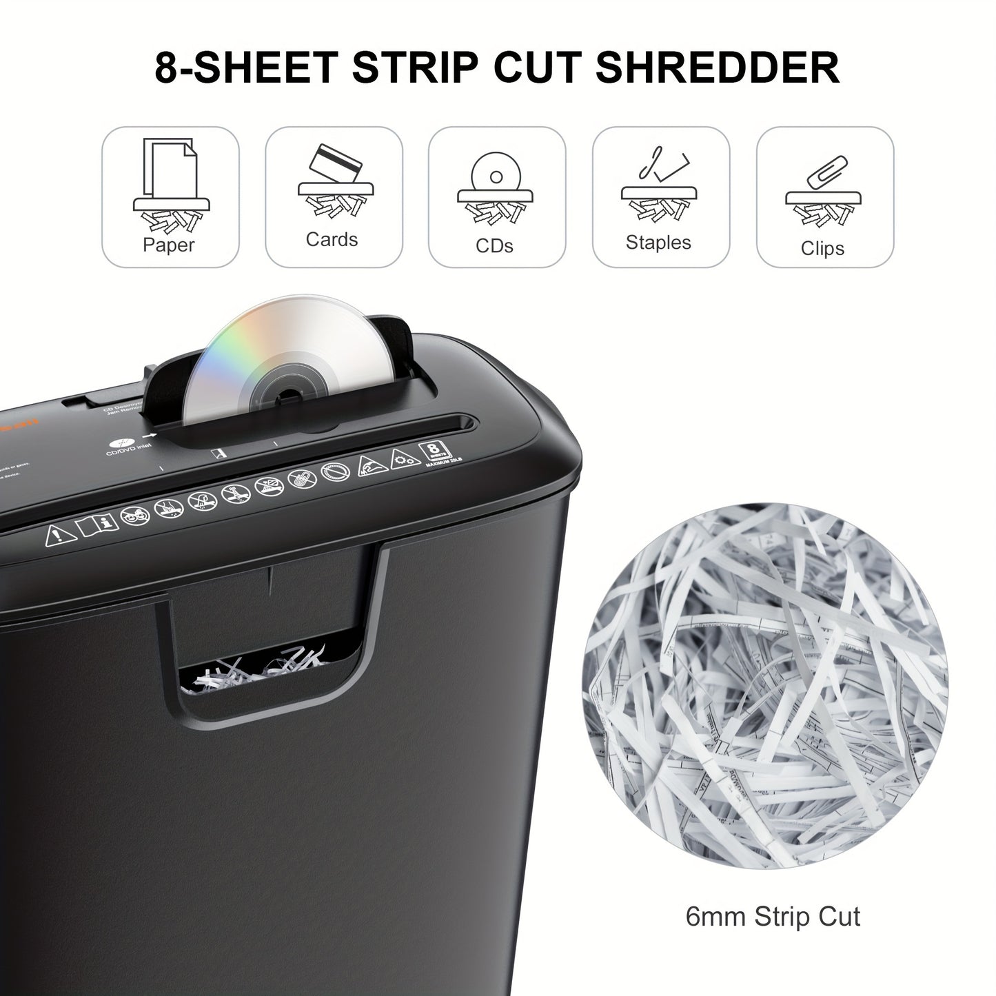 8 Sheet Strip-Cut Paper Shredder for Home Office - High-Capacity, Destroys CDs & Credit Cards, 3.4-Gallon Wastebasket - Features Overheat Protection and Jam-Free Operation