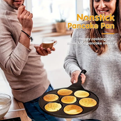 Nonstick Pancake Pan with 7 Happy Face Molds - 7-Cup Blini Maker with Heat-Resistant Handle - Easy-to-Clean Fun Breakfast Pan
