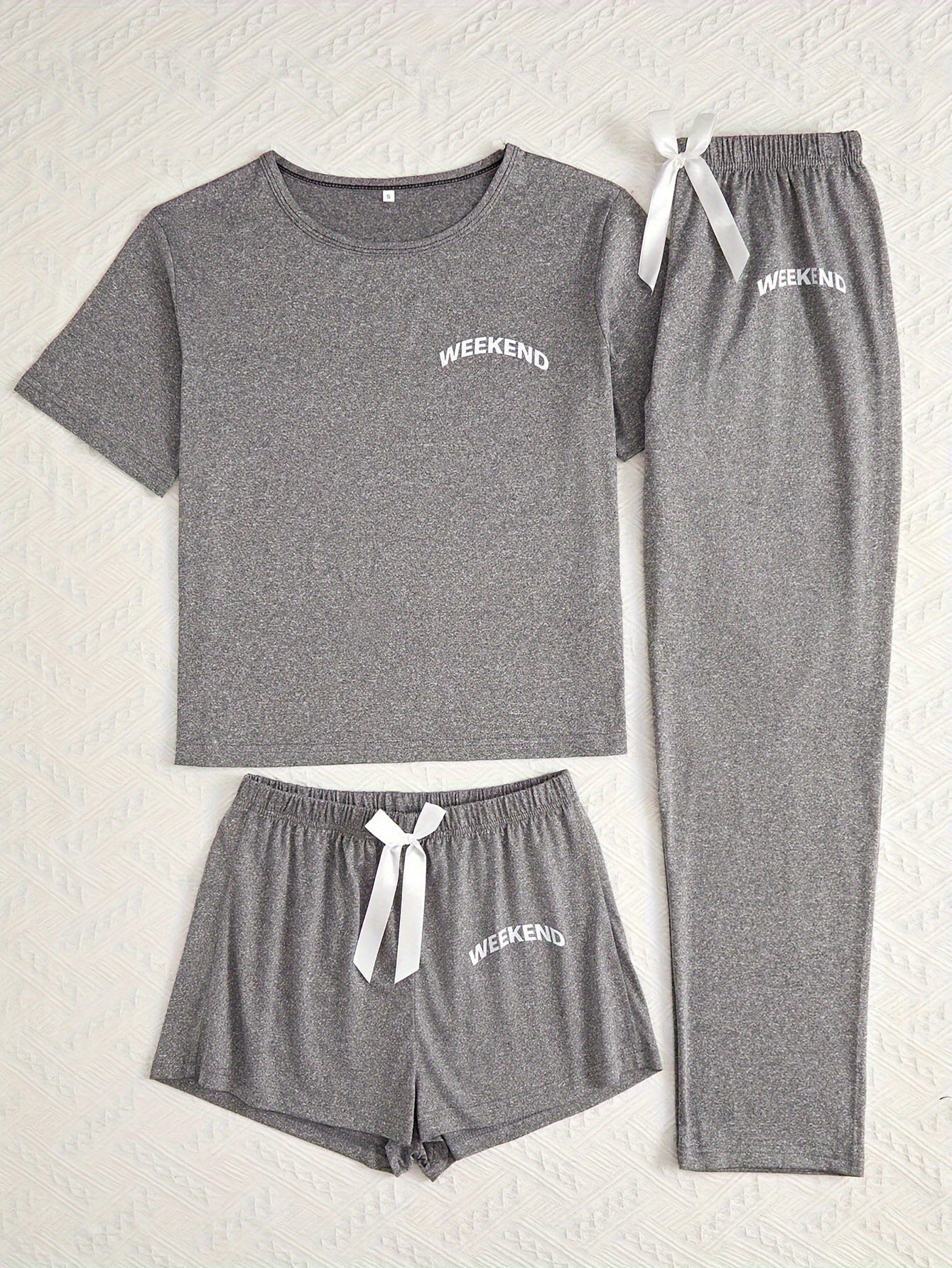 Women's 3-Piece Pajama Set – Simple Short Sleeve Sleepwear with 'WEEKEND' Print, Comfy Casual Loungewear