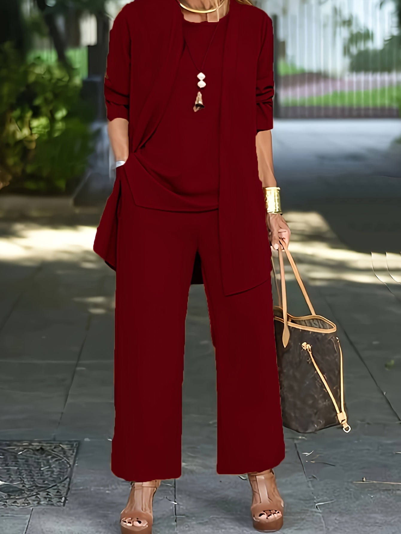 Casual Three-Piece Solid Set – Long Sleeve Cardigan, Top, and Long Pants Outfit for Women
