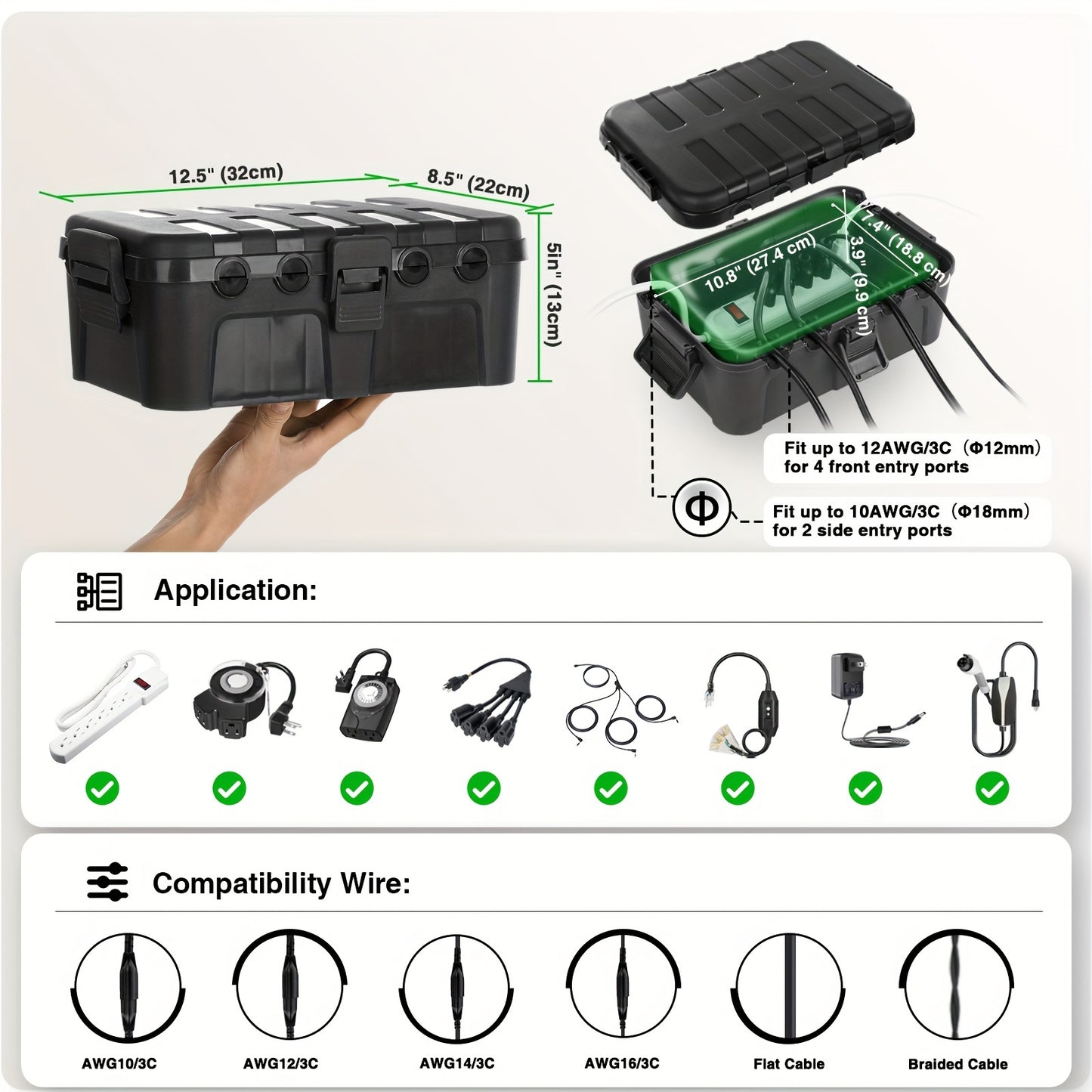 Large Waterproof Outdoor Electrical Box – Protects Outlets, Plugs, Sockets, Timers, Power Strips, and Holiday Lights from Rain and Snow – Durable, Weatherproof, Easy to Install