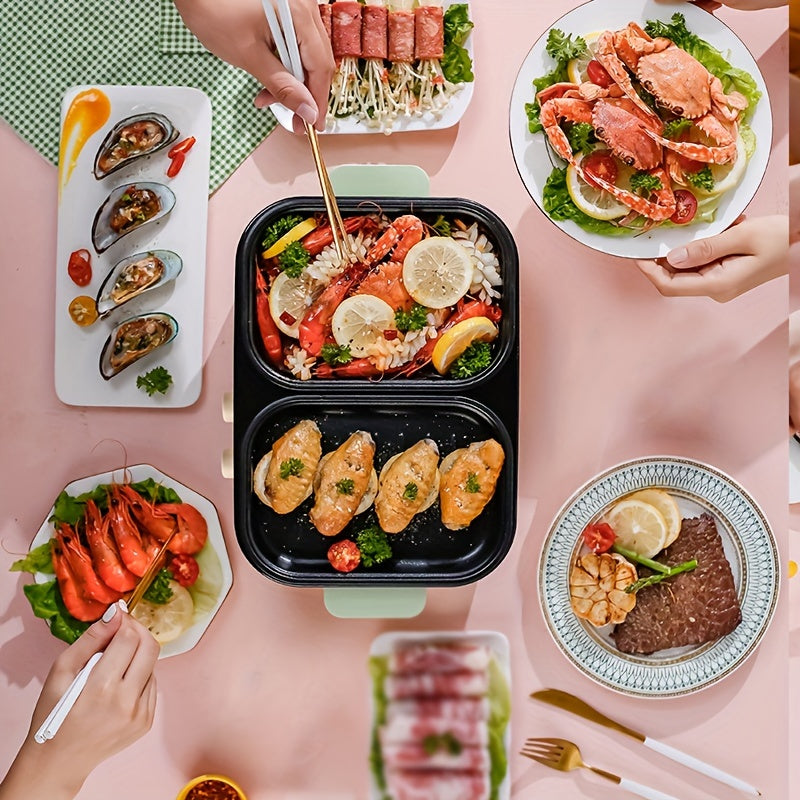 2-in-1 Electric Barbecue Grill and Hot Pot - 1300W Non-Stick Mini Boiler for Korean BBQ, Shabu Shabu, Soup - Ideal for 1-3 People, Includes Kitchen Accessories