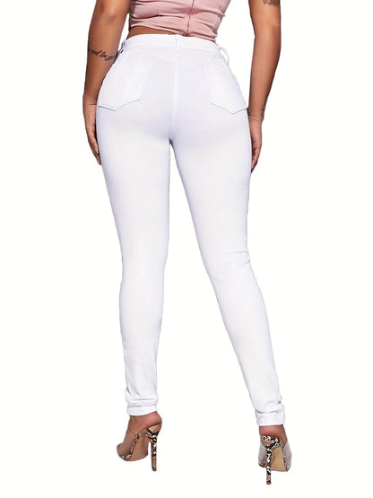 Women's Ripped High-Stretch Distressed Jeans – Slim Fit Solid Color Denim Pants with Zipper Button Closure