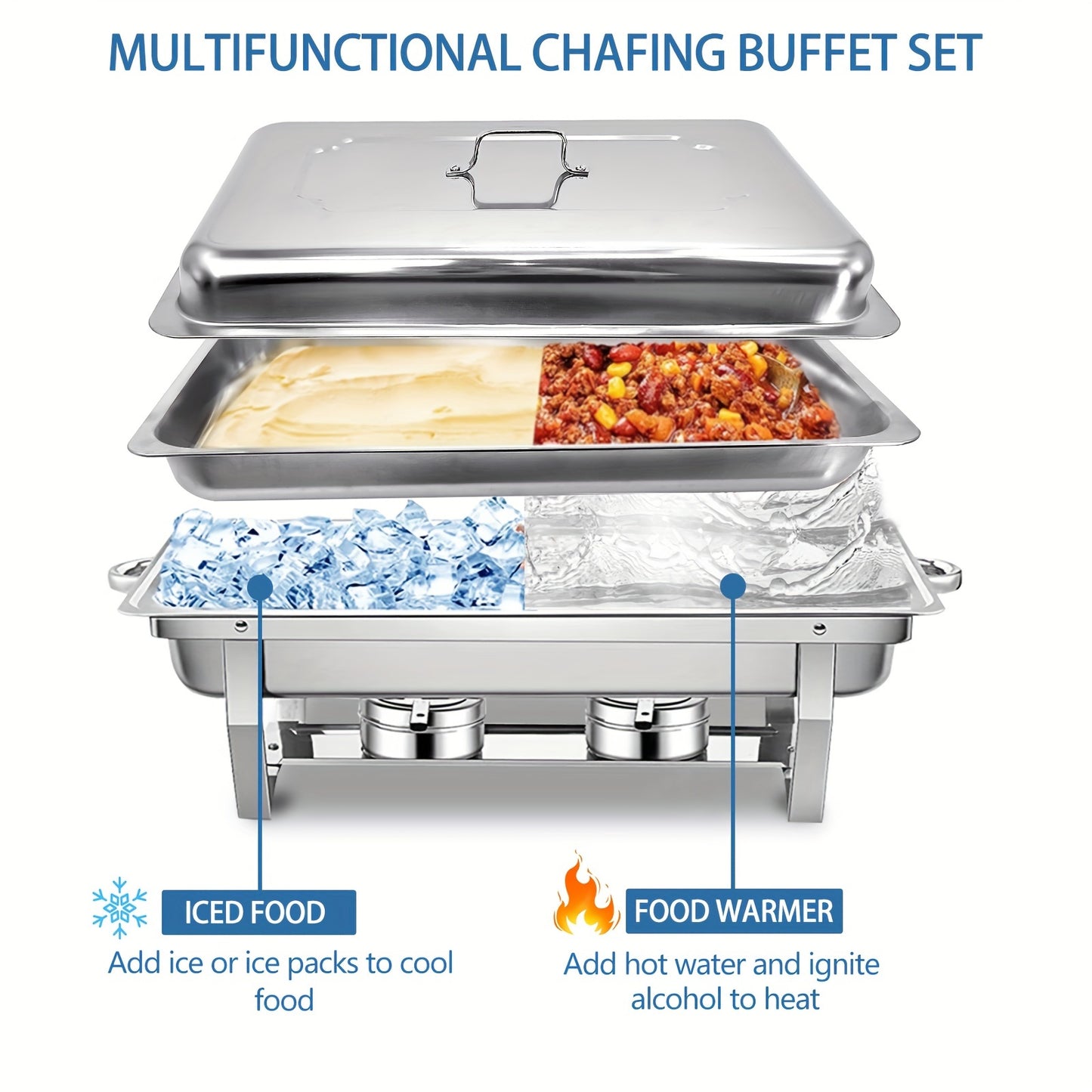 8QT Rectangle Stainless Steel Chafing Dish Buffet Set - Food Warmer Kit with Lids, Pans, and Fuel Holders - Durable, Easy-to-Clean for Restaurant, Catering, Parties, and Weddings