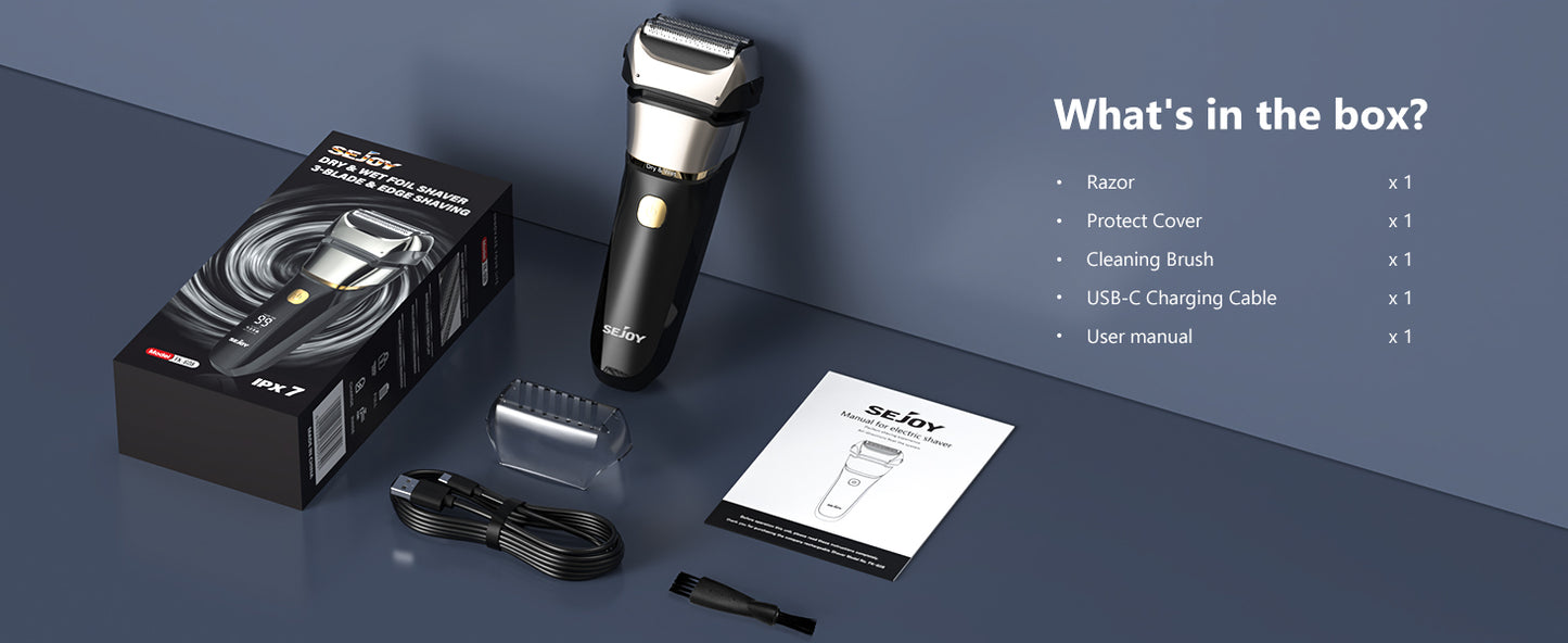 Sejoy Electric Razor for Men – 3-Blade Foil Shaver with 7500 RPM High-Speed Motor & Digital Power Display