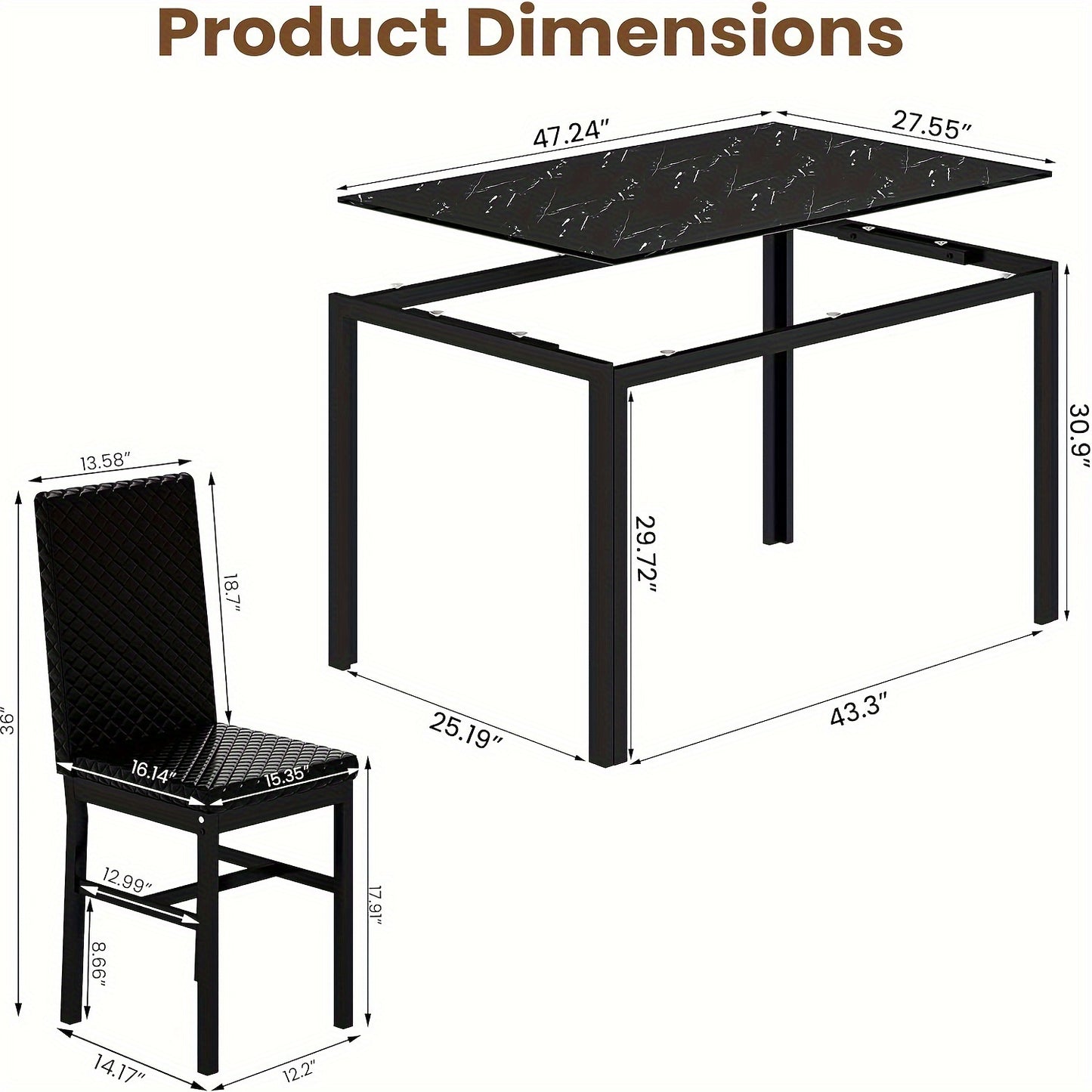 5 Piece Modern Luxurious Dining Room Table Set - Tempered Glass Top, Metal Frame, Faux Leather Chairs, Counter Height for 4 Person Breakfast Nook