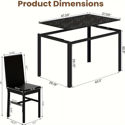 5 Piece Modern Luxurious Dining Room Table Set - Tempered Glass Top, Metal Frame, Faux Leather Chairs, Counter Height for 4 Person Breakfast Nook