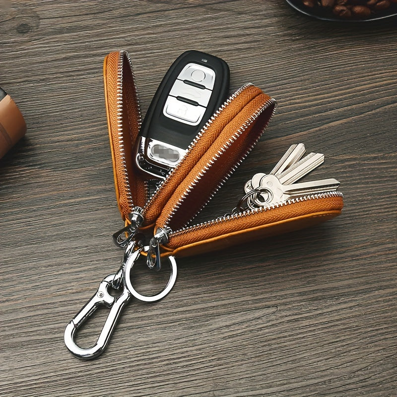 Vintage Smart Men's Leather Key Bag - Double Layer Multifunctional Key Holder with Folding Protector, Coin Purse and Business Card Slot, Genuine Leather, Durable and Stylish