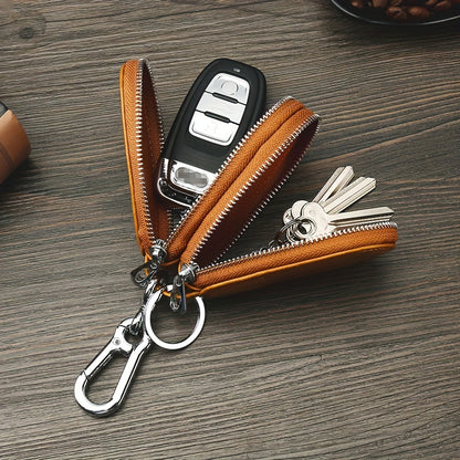 Vintage Smart Men's Leather Key Bag - Double Layer Multifunctional Key Holder with Folding Protector, Coin Purse and Business Card Slot, Genuine Leather, Durable and Stylish