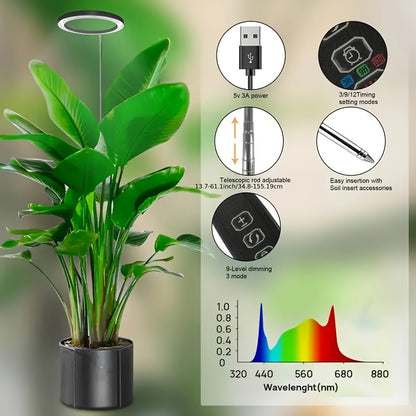 Adjustable LED Grow Light for Indoor Plants – 72 Full Spectrum LEDs, USB Powered, Auto Timer (3/9/12H), Height Adjustable (11.81-62.99in), Ideal for Tall Plants