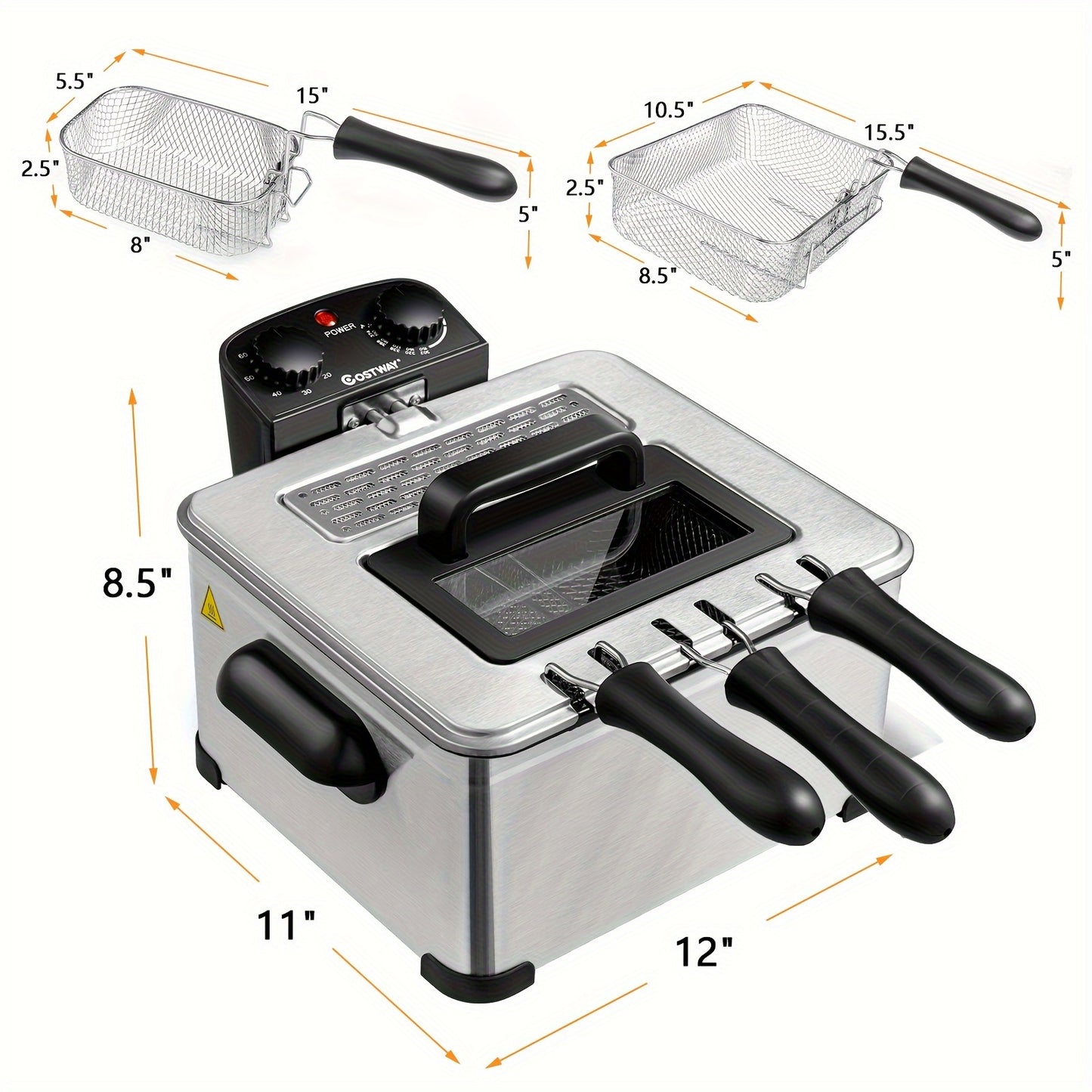 21-Cup Extra-Large Electric Deep Fryer - Stainless Steel Body, 1700W Power, Triple Basket for Easy Frying, Cooking, and Serving