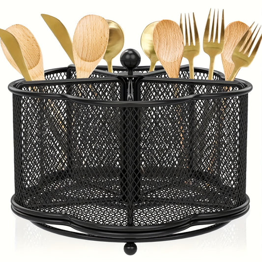 360° Rotating Metal Kitchen Utensil Holder – 5 Compartment Cutlery Organizer for Kitchen & Dining Tables