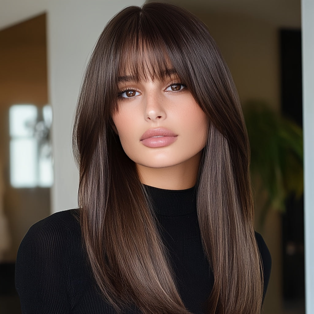 Long Natural Straight Dark Brown Wig with Blunt Bangs - 24 Inch, Synthetic Fibers, Rose Net, Perfect for Daily Wear