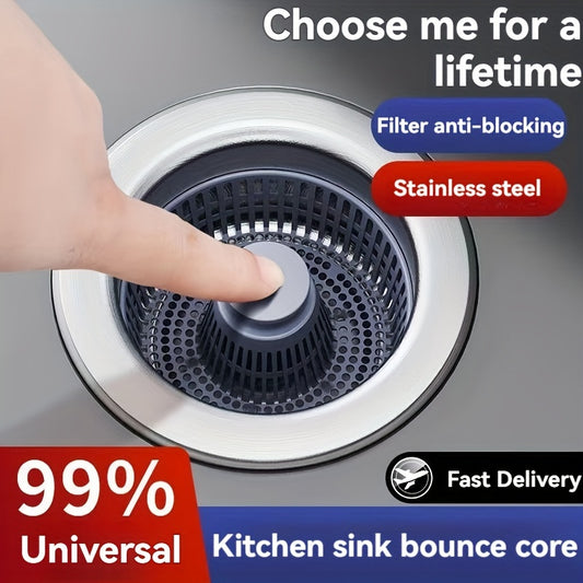 Stainless Steel Kitchen Sink Strainer – Anti-Clogging Bounce Core, Press Type Basket Waste Plug, Rust-Proof and Leak-Proof Drain Filter