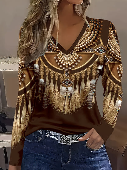Tribal Print V-Neck T-Shirt - Casual Long Sleeve Top for Spring & Fall, Women's Clothing