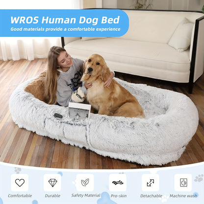 Human Dog Bed - 71''x45''x12'' Washable Faux Fur Bed for People & Pets, Orthopedic Napping Pillow with Blanket and Strap, Grey
