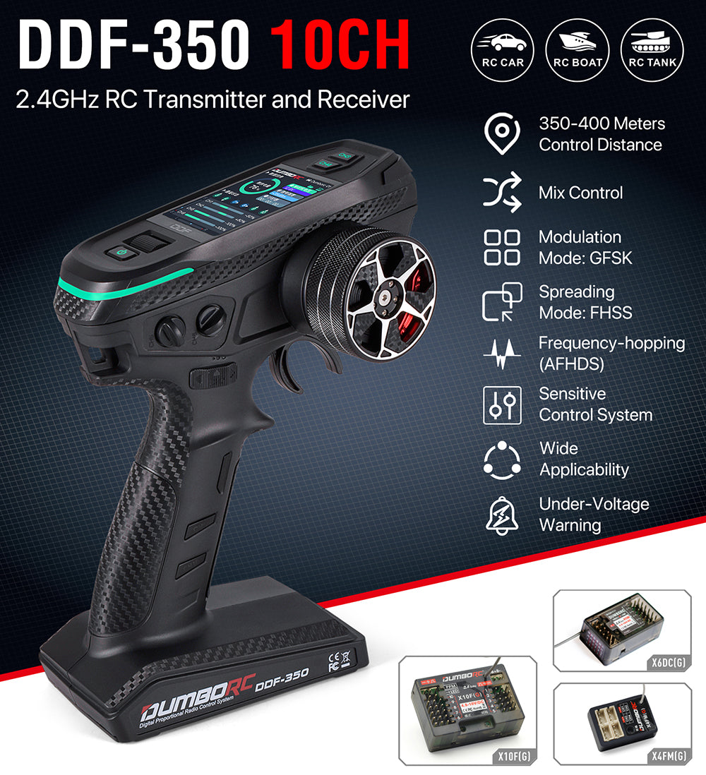 DUMBORC 2.4G 10CH Digital Radio Remote Controller – DDF-350 Transmitter with Receiver for RC Car, Boat, Tank, LCD FHSS System