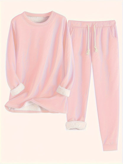 Women's Solid Color Thermal Set – Long Sleeve Sweatshirt & Drawstring Pants Outfit