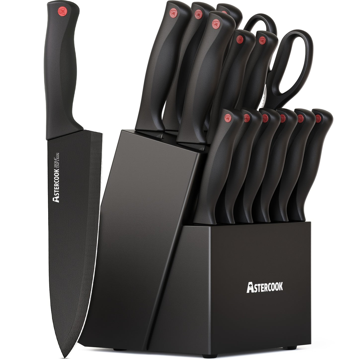15 Piece Astercook Premium Knife Set - German Steel, Dishwasher Safe, Includes Elegant Black Block and Built-In Sharpener for Precision Cutting
