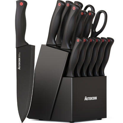 15 Piece Astercook Premium Knife Set - German Steel, Dishwasher Safe, Includes Elegant Black Block and Built-In Sharpener for Precision Cutting