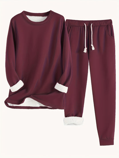 Women's Solid Color Thermal Set – Long Sleeve Sweatshirt & Drawstring Pants Outfit
