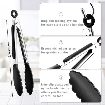 3pcs/7pcs Kitchen Tongs - 7 Inch Small Silicone Tongs with Stainless Steel Handles, Heat Resistant, Non-Stick, Locking Food Tongs for Cooking, Grilling, and Frying
