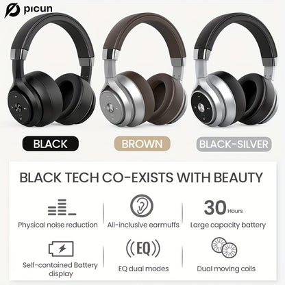 Picun P28X BT Over-Ear Headphones - 30H Playtime, EQ Music Modes, HiFi Stereo, Deep Bass, Lightweight Foldable Headset with Microphone, Dual Moving Coils for Home, Office and PC