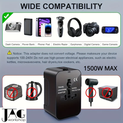 Universal Travel Adapter with Dual USB Ports - All-In-One Wall Charger with US/EU/UK/AU Plugs, 110V-240V Input, Surge Protection, Compatible with iPhone, Samsung, Tablets for Over 150 Countries