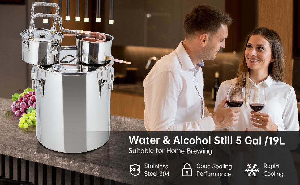 5Gal/19L Stainless Steel Water & Alcohol Distiller – Home Brewing Kit with Built-in Thermometer, Copper Tube, and Water Pump