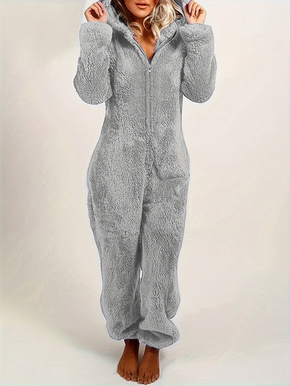 Fuzzy Hooded Pajama Jumpsuit for Music Festivals – Comfy and Cute Long Sleeve Zipper Pajamas – Women's Lingerie and Sleepwear