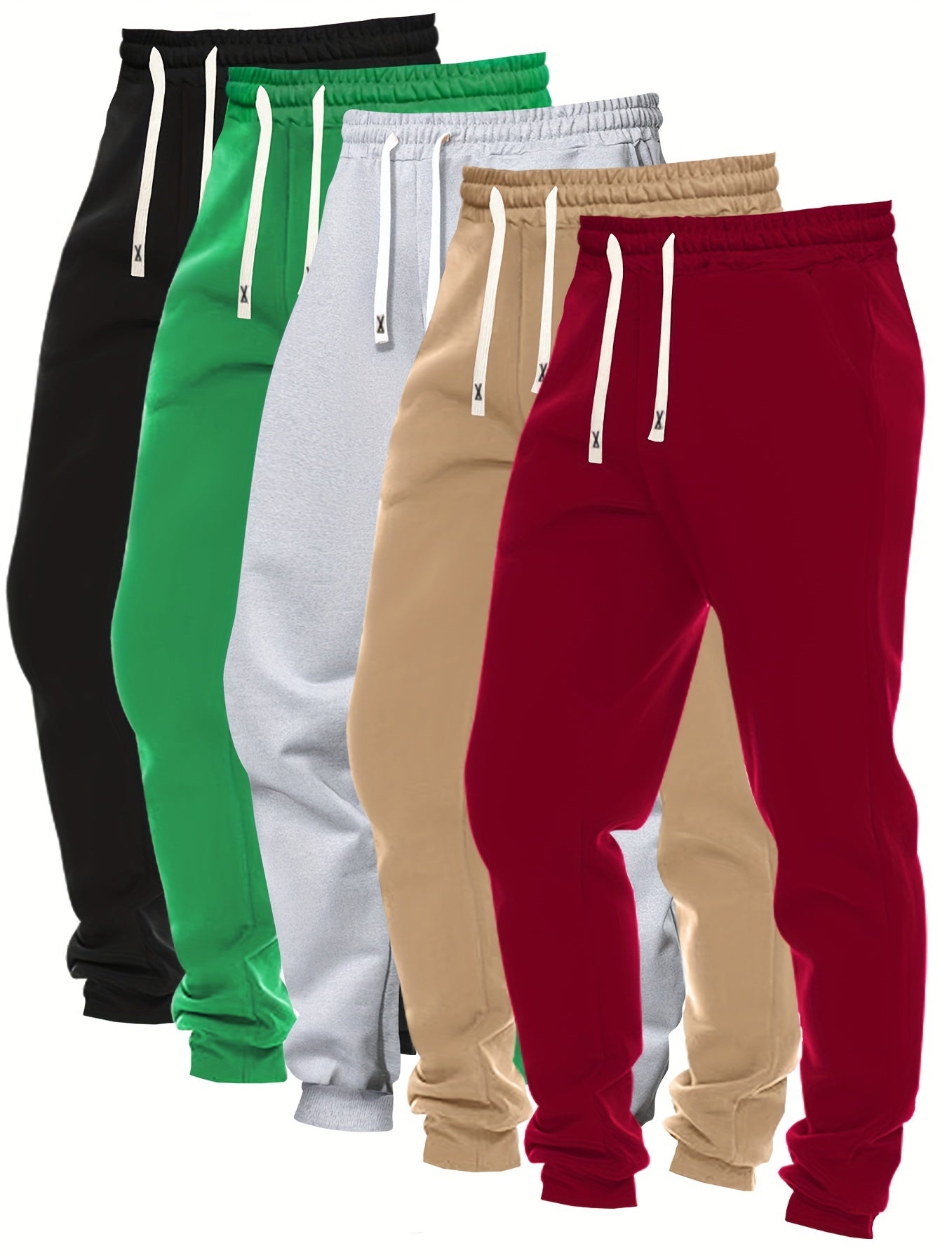 5pcs Men's Solid Color Sweatpants Set: Regular Fit, Cuffed with Drawstring & Pockets, Casual Trousers for Jogging & Outdoor Sports