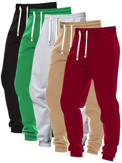 5pcs Men's Solid Color Sweatpants Set: Regular Fit, Cuffed with Drawstring & Pockets, Casual Trousers for Jogging & Outdoor Sports