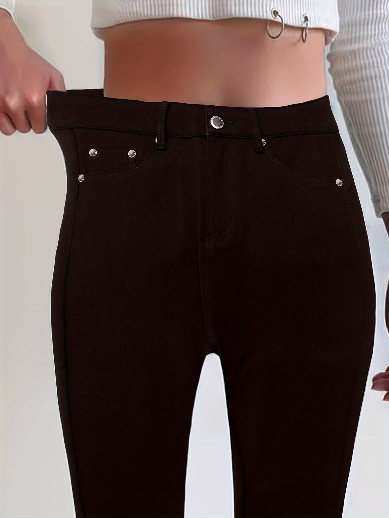 Women's High Waist Stretch Jeans - Street Style Skinny Denim Pants with Metal Button Details, Plain Black Casual Fashion