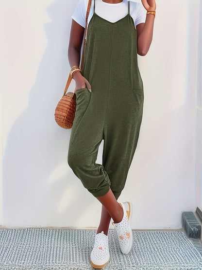 Solid Patched Pockets Overall Jumpsuit – Versatile V-Neck Design for Spring and Summer – Women’s Clothing