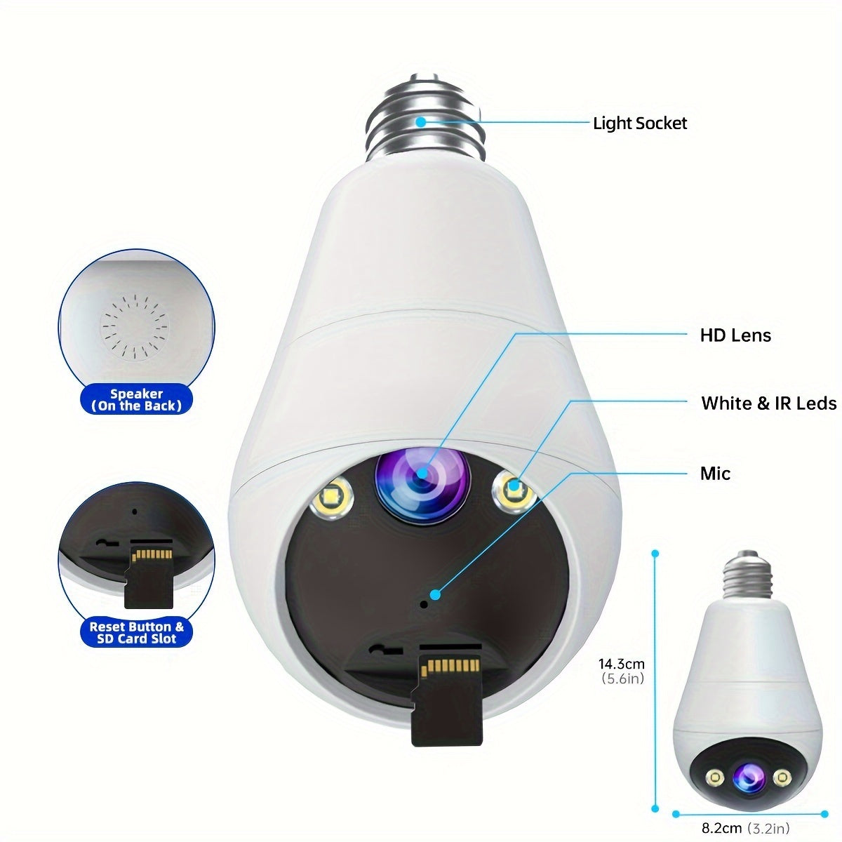 3MP Panoramic PTZ Rotation Light Bulb Wireless Security Camera – Motion Detection, Full-Color Night Vision and Two-Way Voice Call