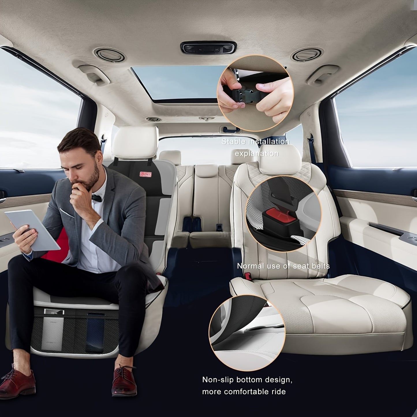 2 Piece Car Seat Protector - Waterproof 600D Fabric, Large Seat Cushion with Storage Pockets, Collision Test Approved