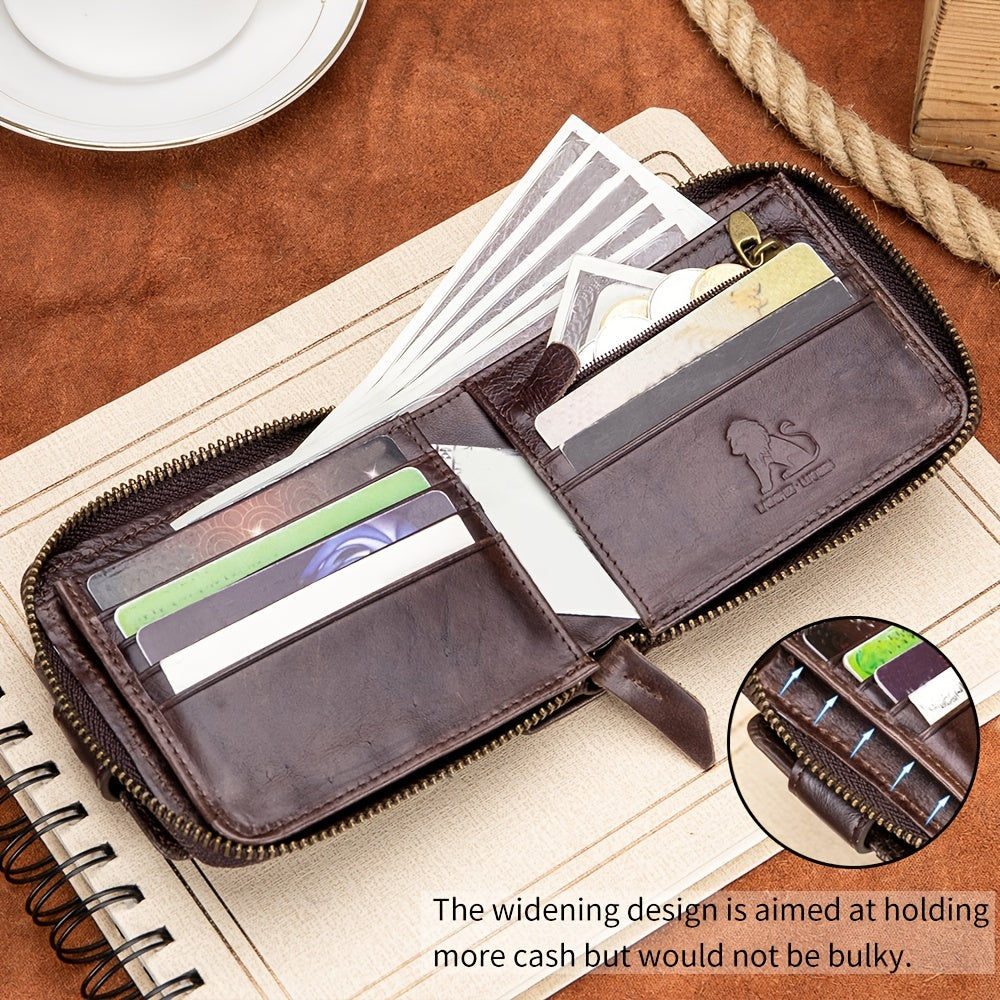 Men's Retro Genuine Leather Multi-Card Wallet with Zip - Large Capacity, Anti-Theft Design