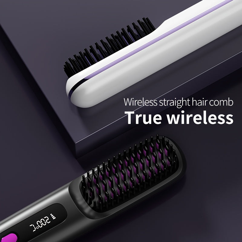 Wireless Hair Straightener Brush - 7.87x1.77x1.18 Inches, 3 Temperature Settings, LED Display, USB Rechargeable, 36V Max, 2000mAh Battery - Professional Styling Tool for Home and Travel