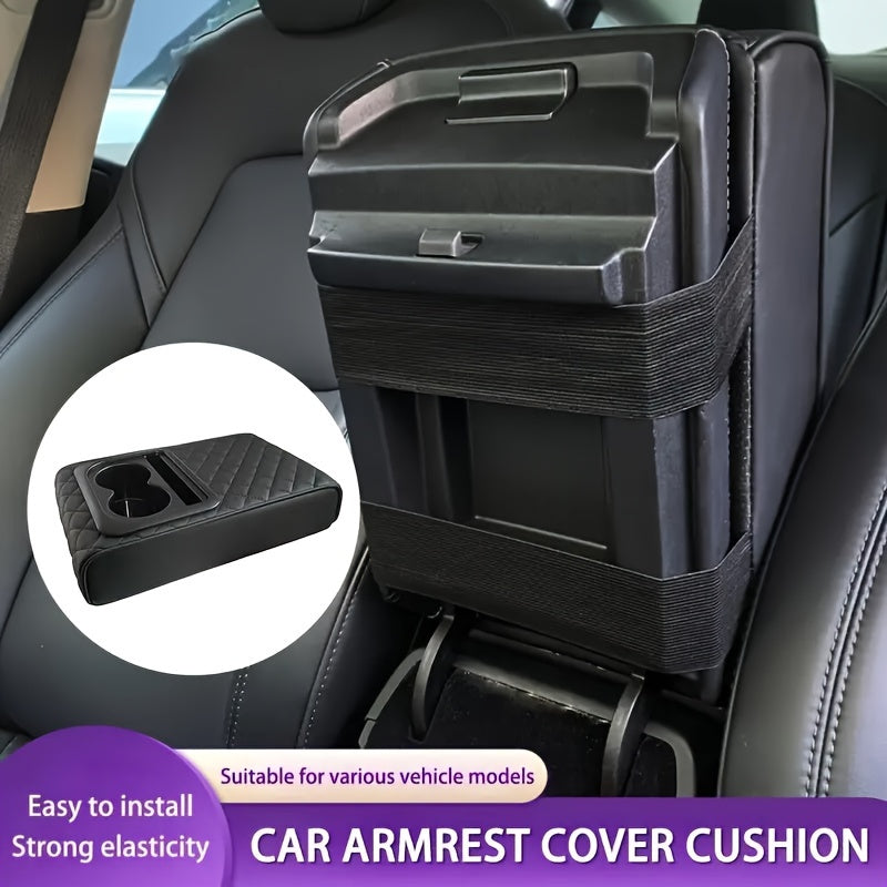 Memory Foam Car Armrest Pillow with Cup and Phone Holder - Luxury Faux Leather Center Console Cushion for Enhanced Comfort - Fits Most Vehicles