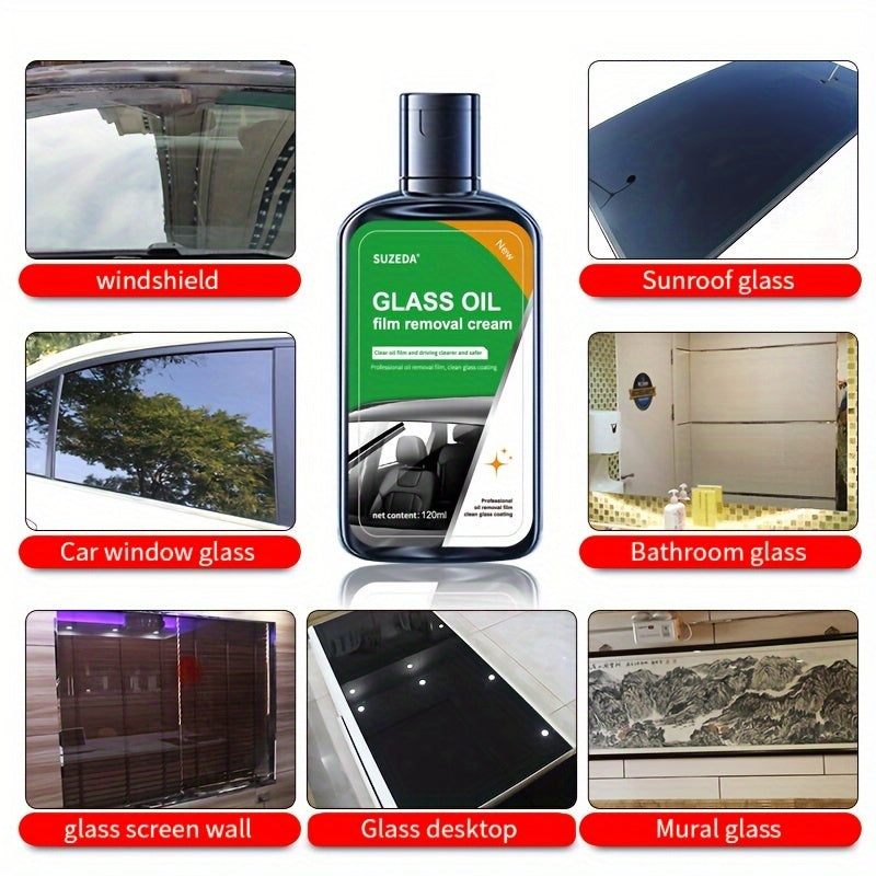 Windshield Cleaner and Oil Film Remover – Self-Dispensing Glass Cleaning Tool with Agent – Streak-Free Glossy Cleaner, Water Stain Remover for Car Windows and Mirrors – 1 Bottle (4.06oz) and 1 Sponge