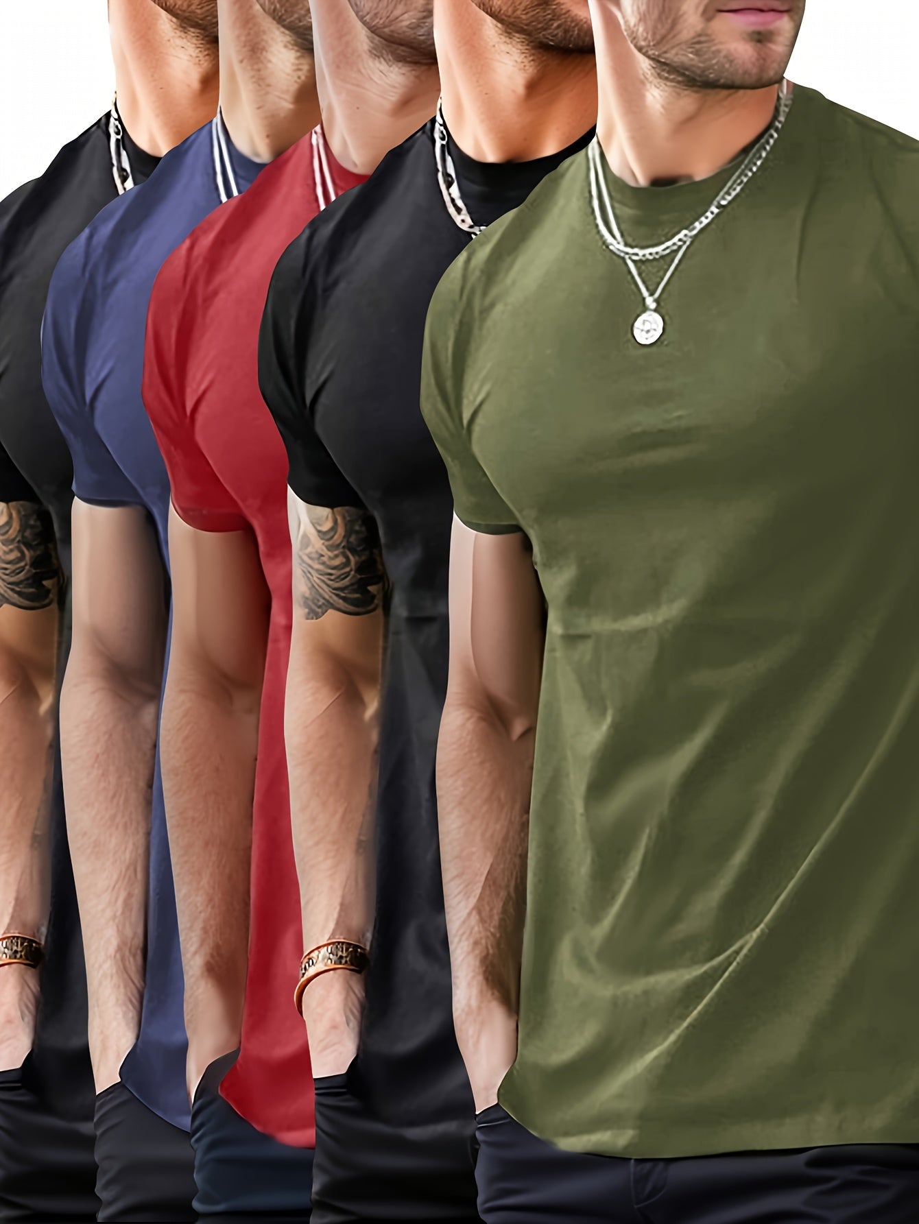 5pcs Men's Fashion Sports T-Shirts – Stylish Casual Stretch Tee Shirts with Round Neck – Comfortable & Breathable for Summer Wear – Ideal for Warm Weather, Value Pack