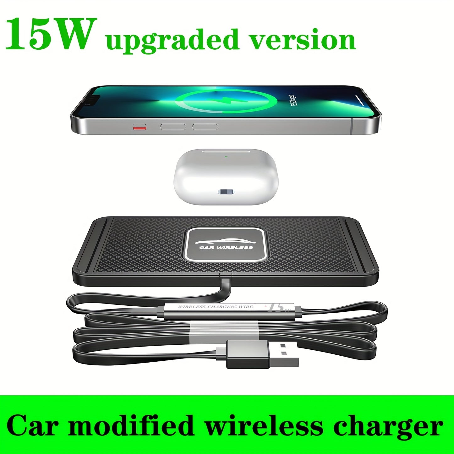 15W Fast Wireless Car Charger Pad – Non-Slip Silicone, Universal Compatibility for iPhone 14/13/12/11, Samsung – Safe and Rapid Charging Station