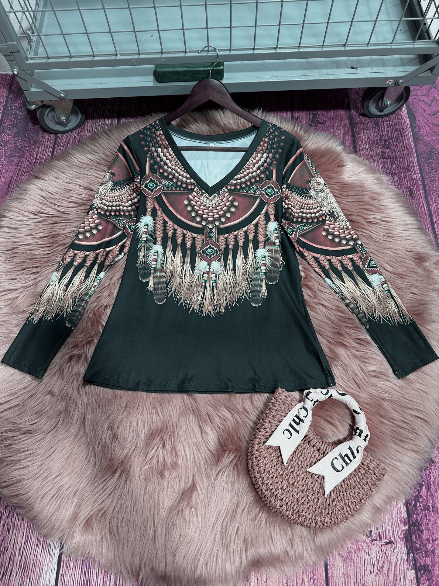 Tribal Print V-Neck T-Shirt - Casual Long Sleeve Top for Spring & Fall, Women's Clothing