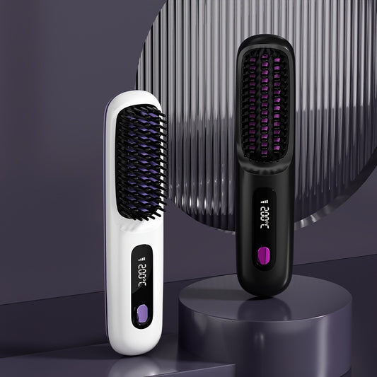 Wireless Hair Straightener Brush - 7.87x1.77x1.18 Inches, 3 Temperature Settings, LED Display, USB Rechargeable, 36V Max, 2000mAh Battery - Professional Styling Tool for Home and Travel