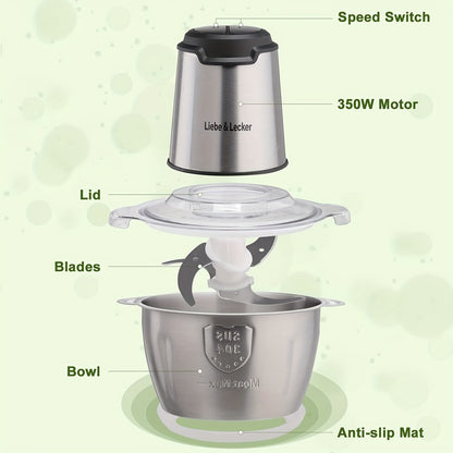 2 Bowl Electric Food Processor with Meat Grinder - 8 Cup Capacity, 4 Sharp Blades for Fruits, Vegetables, Nuts & Baby Food, 2-Speed Settings