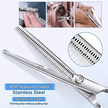 Dog Grooming Scissors Kit - Professional Pet Cleaning & Grooming Set with Safety Round Tip Stainless Steel Shears for Dogs & Cats