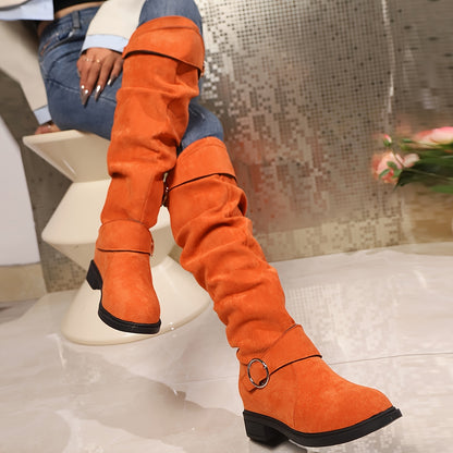 Trendy Solid Color Knee-High Boots - Buckle Belt, Pull-On, Chunky Heel, Slouchy Round Toe Winter Boots for Women