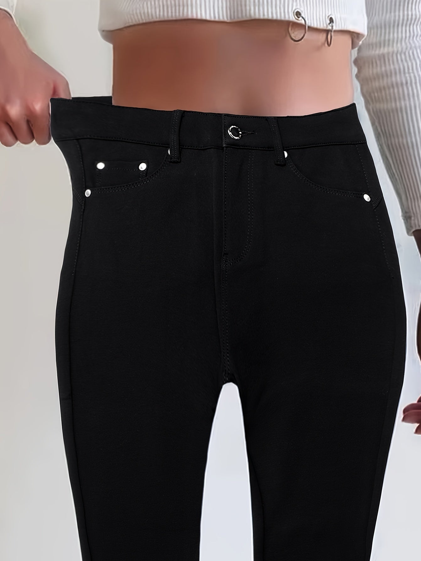 Women's High Waist Stretch Jeans - Street Style Skinny Denim Pants with Metal Button Details, Plain Black Casual Fashion